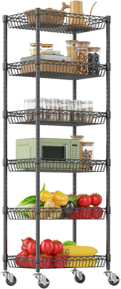 Himimi 6 Tier Rolling Storage Cart, Metal Wire Basket Rack with Wheels, Adjustable Storage Shelves Organizer Shelf for Kitchen Pantry Garage Laundry Room Bathroom, 17" W X 12" D X 63" H, Black