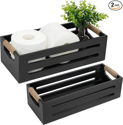 LotFancy Bathroom Decor Box, 2 Pack Toilet Tank Topper Basket, Wooden Bathroom Basket, Back of Toilet Storage Basket, Black Farmhouse Toilet Paper Holder