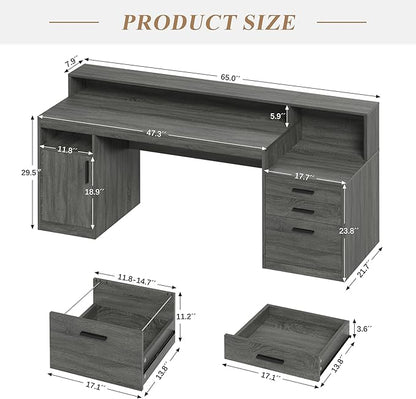 Executive Computer Desk with 3 Drawers & Storage Shelves, 65 Inch Home Office Desk with File Drawer & Cabinet, Writing Study Desks with Monitor Stand & Printer Shelf, Dark Grey