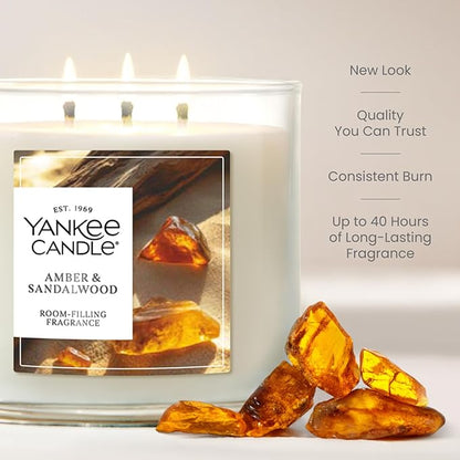 Yankee Candle Amber & Sandalwood, Fall Scented Candle, 14.5oz 3-Wick Candle Jar with up to 40 Hours Burn Time