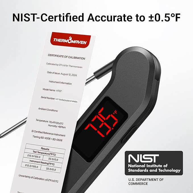 Meat Thermometer Digital, 1 Sec Instant Read, ±0.5℉ Accuracy NIST Certified Food Thermometer, Auto-Rotate, LED Screen, Highly Waterproof Cooking Thermometer for Fathers Day, Gifts for Him Dad Men