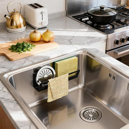 Sponge Holder for Kitchen Sink with Suction Cups & Adhesive Hook, Rustproof In-sink Sponge Holder, Space-saving Wall Hanging Sink Caddy Organizer Rack - Sponge, Dish Cloth, Brush-Stainless Steel