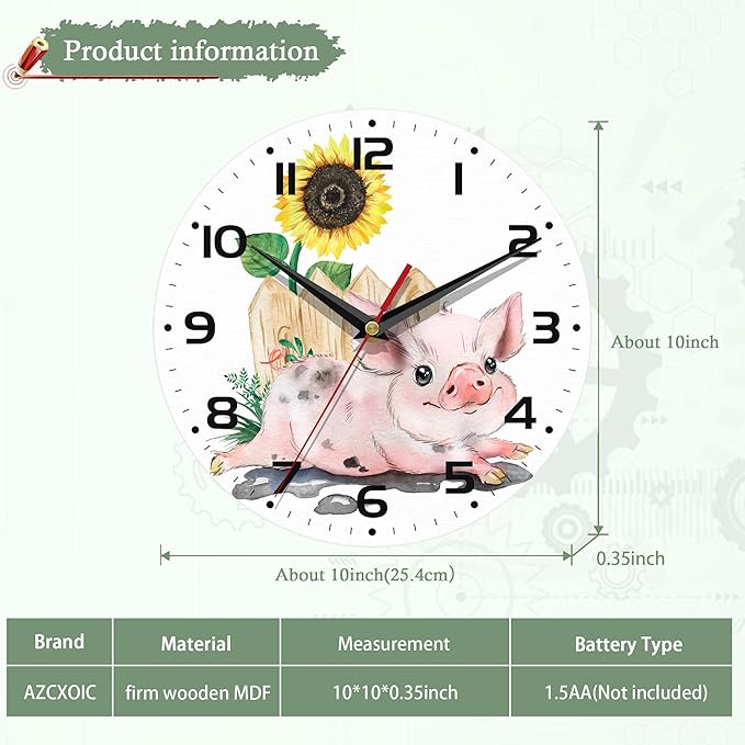 Wall Clock for Bathroom,Pink Pig Wall Clocks Silent Non-Ticking Battery Operated Clock 10 Inch,Sunflower Wall Clocks Decorative for Living Room,Kitchen,Office