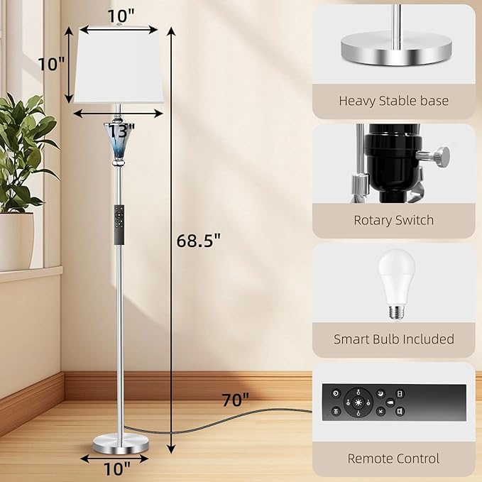 Blue Glass Floor Lamp, Smart Floor Lamps for Living Room, Modern Standing Lamps with Remote Control, Stepless Dimmable Colors Temperature & Brightness, Tall Floor Lamp For Bedroom Office, Home Decor