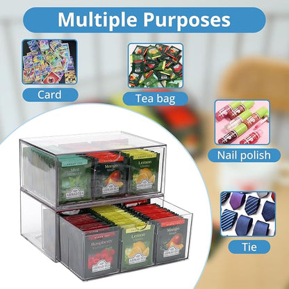 CLUQMEIK 2 Large Acrylic Tea Bag Organizer, 9 Grids Tea Organizers and Storage with Acrylic Drawers Stackable, Teabag Holder Organizer for Counter Countertop Kitchen Cabinet