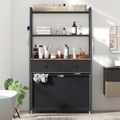 Laundry Hamper Laundry Basket with 3 Section Pull-Out Rolling Bags & 2-Tier Storage Shelf, Laundry Sorter for Organization and Storage with 2 Drawers for Laundry Room, Bathroom