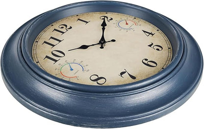 18 Inch Large Outdoor Clock with Thermometer & Hygrometer – Blue Vintage Farmhouse Decor Wall Clock Waterproof for Patio, Garden, Pool, Porch