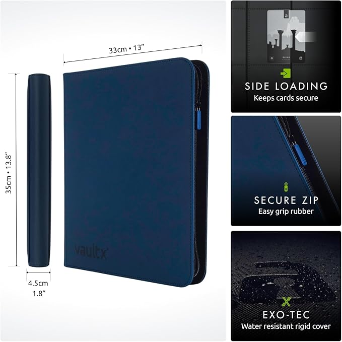 Vault X 12 Pocket Zip Binder, 480 Cards, Exo-Tec Material, 20 Side-Loading Pages (Blue)
