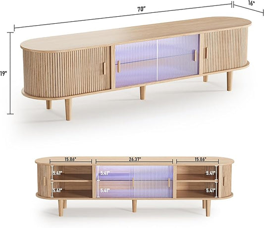 70" Fluted TV Stand with LED Lights for TVs up to 75 Inch, Mid Century Modern Entertainment Center with Sliding Doors & Glass Shelf, TV Console Table Media Console for Living Room, Natural Oak