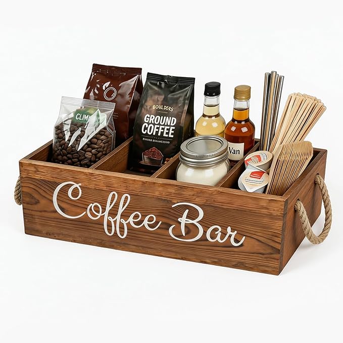 QUALLON Coffee Station Organizer with Small Removable Dividers, Wooden Coffee Bar Accessories Storage For Countertop, Farmhouse Kcup Coffee Pod Holder Basket With Handle For Coffee Lover