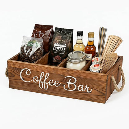 QUALLON Coffee Station Organizer with Small Removable Dividers, Wooden Coffee Bar Accessories Storage For Countertop, Farmhouse Kcup Coffee Pod Holder Basket With Handle For Coffee Lover