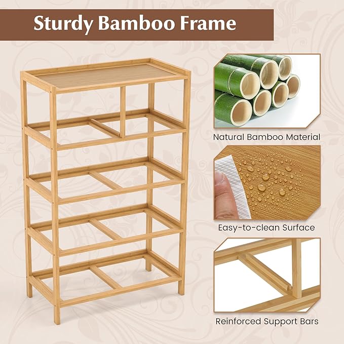 Giantex 5-Drawer Dresser for Bedroom, Bamboo Storage Tower with 5 Foldable Fabric Drawers & Top Shelf, Modern Chest of Drawers, Tall Vertical Organizer Unit for Closet, Living Room, Hallway, Natural