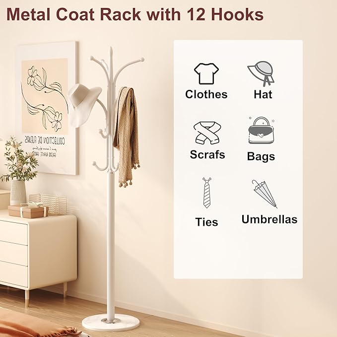 HOMEFORT Coat Rack Stand, Freestanding Coat Tree with Natural Marble Base, Metal Hall Tree with 12 Hooks for Hanging Hat, Clothes, Bag, Entryway Storage Organizer, White