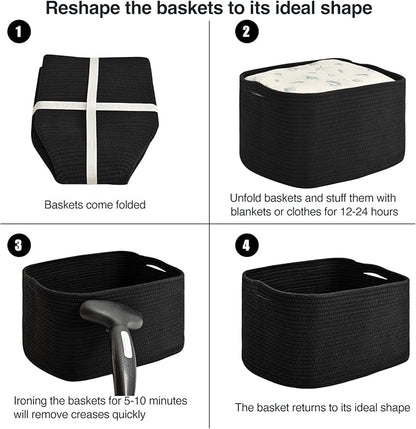 Large Storage Baskets for Organizing Shelves, Woven Cotton Rope Bins for Baby Nursery Organization, Book Toy Towel Organizer, 17"x13"x9.5", 3 Packs, Black