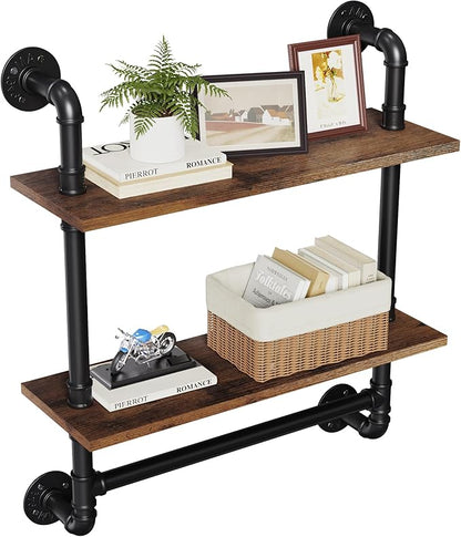 Merapi 24" Industrial Floating Shelves with Tower Bar, Pipe Shelves for Wall, 2 Tier Rustic Wood Wall Shelves for Home Décor, Bedroom, Living Room, Bathroom…