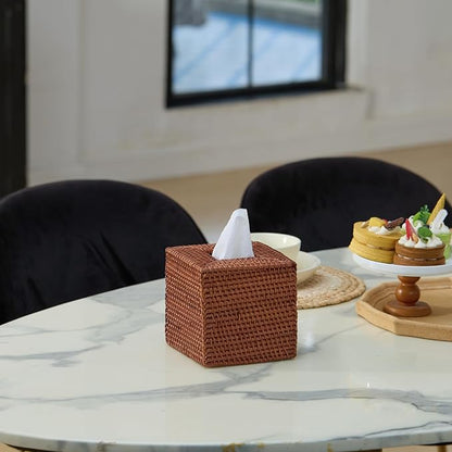 Square Rattan Tissue Box Cover, Hand Woven Wicker Tissue Holder, 5.5 x 5.5 X 5.7 inches, Honey Brown