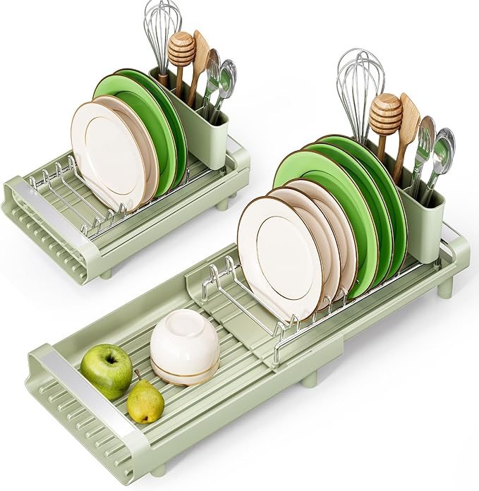 TOOLF Small Dish Drying Rack, Mini Expandable Compact Dish Rack, Slim Extendable Stainless Steel Dish Drainer for Kitchen Countertop, Space Saving Dish Strainer, Soft Celery Green
