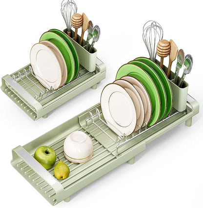 TOOLF Small Dish Drying Rack, Mini Expandable Compact Dish Rack, Slim Extendable Stainless Steel Dish Drainer for Kitchen Countertop, Space Saving Dish Strainer, Soft Celery Green