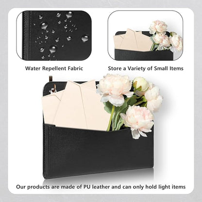 3 PCS Wall Mount PU Leather Mail Holder Black Faux Leather Letter Holder 2 Ring Wall Mail Organizer Stylish Wall Hanging Mail Storage for Flowers Envelope Key Notebooks Home Office Decor