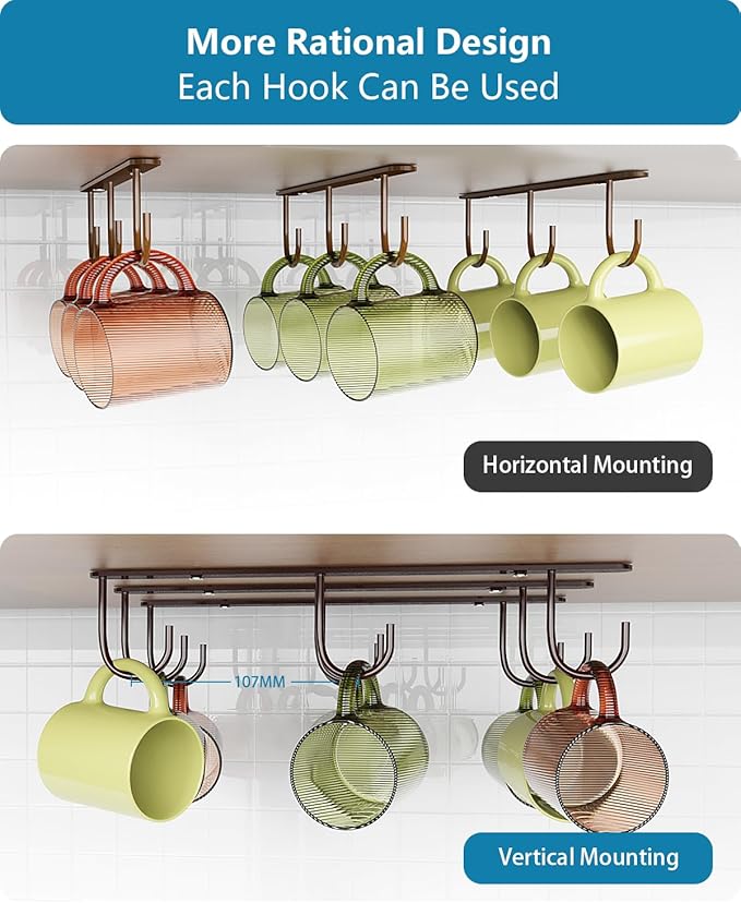 Luckinow 3 Pack Mug Hooks Under Cabinet, Coffee Mug Holder for Hanging Under Shelf, Cup Hanger with 9 Hooks for Displaying Mugs, Coffee Cups and Kitchen Utensils, Brown