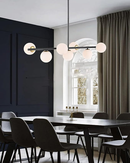 7 Lights Modern Sputnik Chandelier Globe White Glass Shade Linear Mid Century Farmhouse Pendant Light Fixture for Dining Kitchen Island Bedroom Lighting (Gold/Black)