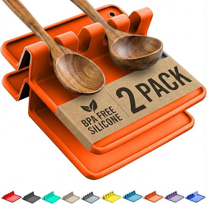 Orange Silicone Spoon Rest for Stove Top with Drip Pad (Two Pack) - Heat Resistant BPA Free Utensil Rest & Spoon Holder for Kitchen Counter - Grill Utensil Chopstick Holder - Spatula Holder