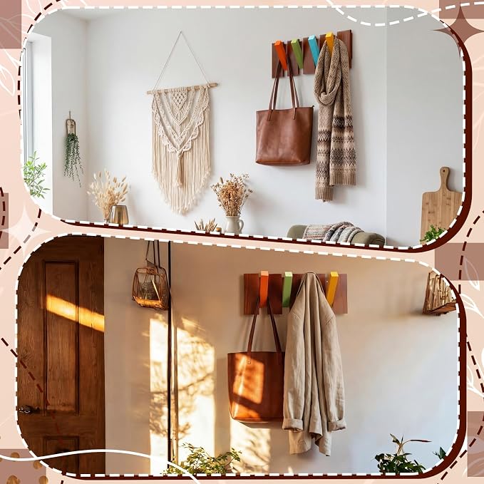 Youyole 4 Hook Mid Century Modern Wood Coat Rack Wall Mount Wooden Coat Hooks Colorful Heavy Duty Flip Down Piano Hat Rack for Hanging Coats Keys Hats Robe Towels Home