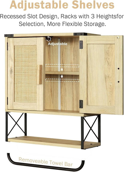 RUSTOWN Farmhouse Medicine Cabinet with 2 Barn Door, Boho Wood Wall Mounted Storage Cabinet with Adjustable Shelf and Towel Bar, 3-Tier Bathroom Cabinet for Bathroom(Rattan,Medium)