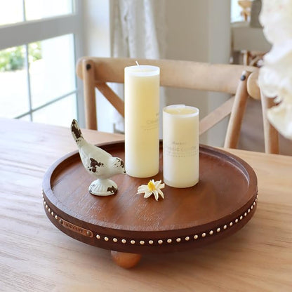 Farmhouse Decorative Round Tray, 11.81 Inch, Versatile Centerpiece Tray for Coffee Table Kitchen Living Room Bathroom, Home Decor Accent Brown Color