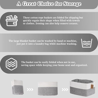 Goodpick Woven Storage Baskets for Organizing 22”x17”x12” Large Blanket Basket for Living Room Home Decor, Rectangle Rope Toy Basket for Kids, Gift Baskets Empty with Handles, Gray