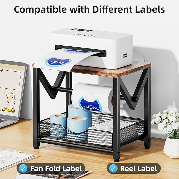 Marbrasse Label Holder for Rolls and Fanfold Labels, Wood Label Printer Holder With Drawer, Shipping Label Stand for Thermal Printer, Sticker Roll Holder for Home, Office, Small Business , Wood Brown