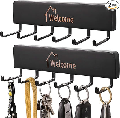 Wooden Key Holder with Metal Hooks,No Drill Adhesive & Screws, Wall Mount Entryway Organizer for Keys, Coats, Hats, Rustic Farmhouse Wall Decor for Hallway, Apartment (2, Black)