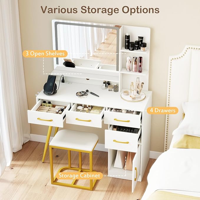 CHARMAID Vanity Desk with LED Mirror and Lights, Charging Station, 4 Drawers, Storage Cabinet & Shelves, Hair Dryer Holder, Modern Makeup Dressing Table with Stool for Bedroom, White & Gold