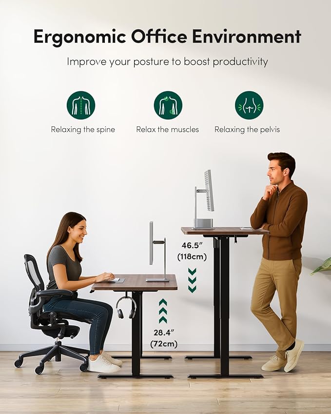 FEZIBO One-Piece Standing Desk Adjustable Height Stand up Home Office Desk, 32x20 Inch Electric Standing Computer Desk, with 4 Memory Presets, Headphone Hook, Black Walnut