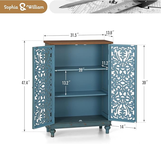 Sophia & William Tall Storage Cabinet 47.4", Decorative 2-Door Tall Accent Cabinet for Living Room, Dining Room, Blue