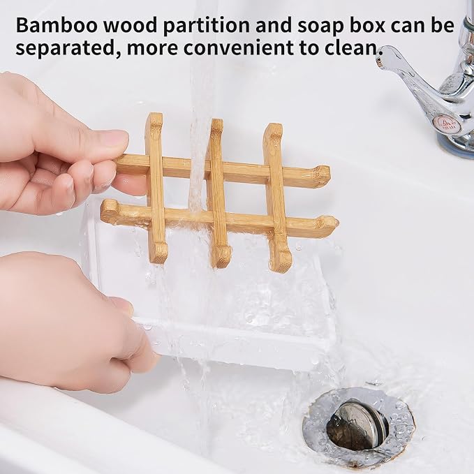 Bamboo Soap Dishes for Shower Wooden Soap Bar Holder for Bathroom Soap Tray Easy to Clean, Durable and with Non-Slip Pads(Two White Squares)