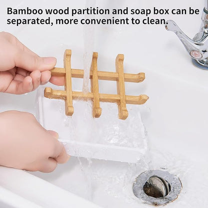 Bamboo Soap Dishes for Shower Wooden Soap Bar Holder for Bathroom Soap Tray Easy to Clean, Durable and with Non-Slip Pads(Two White Squares)