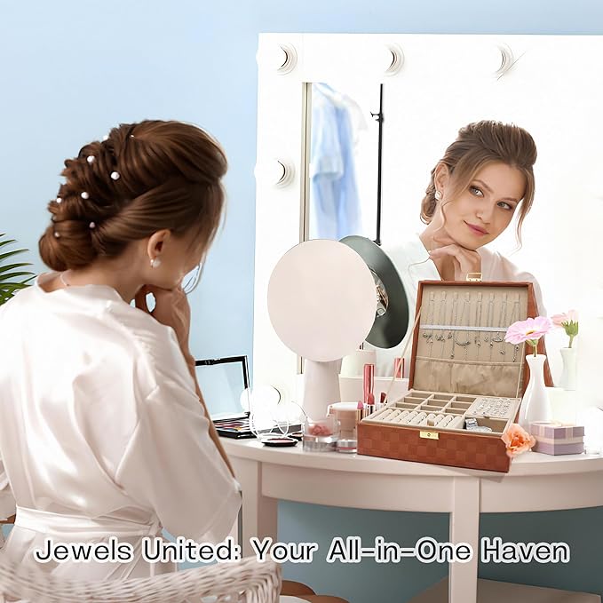 Jewelry Organizer Box, Jewelry Box Organizers for Women Girls, 2 Layers Large Leather Jewels Storage Case for Earring, Rings, Necklaces, Bracelets, Big and Small Jewellery, Watch, Ideal Gift (Brwon)