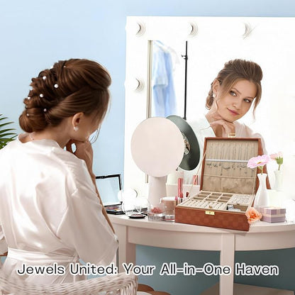 Jewelry Organizer Box, Jewelry Box Organizers for Women Girls, 2 Layers Large Leather Jewels Storage Case for Earring, Rings, Necklaces, Bracelets, Big and Small Jewellery, Watch, Ideal Gift (Brwon)