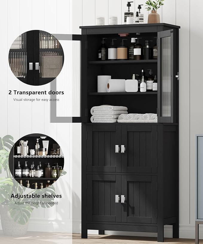Akxomel 53.1" H Tall Bathroom Storage Cabinet, Bathroom Floor Cabinet with 6 Doors and Adjustable Shlef, Linen Cabinet, Pantry Cabinet for Living Room, Kitchen, Entryway, Black