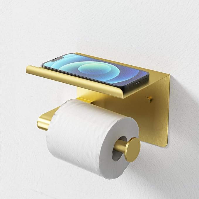 Brushed Gold Toilet Paper Holder Wall Mount, Fits Mega Rolls Size Rustproof Self Adhesive Brushed Brass Toilet Paper Holder Gold with Shelf