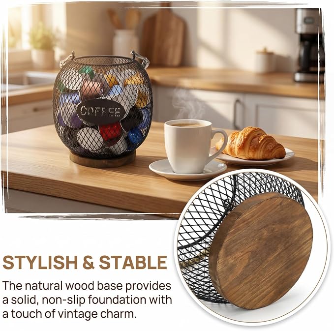 Coffee Pod Holder, K Cup Organizer Basket with Handle Wooden Base, Sturdy Metal Wire Capsule Pod Storage Container for Kitchen Countertop, Office, Coffee Bar