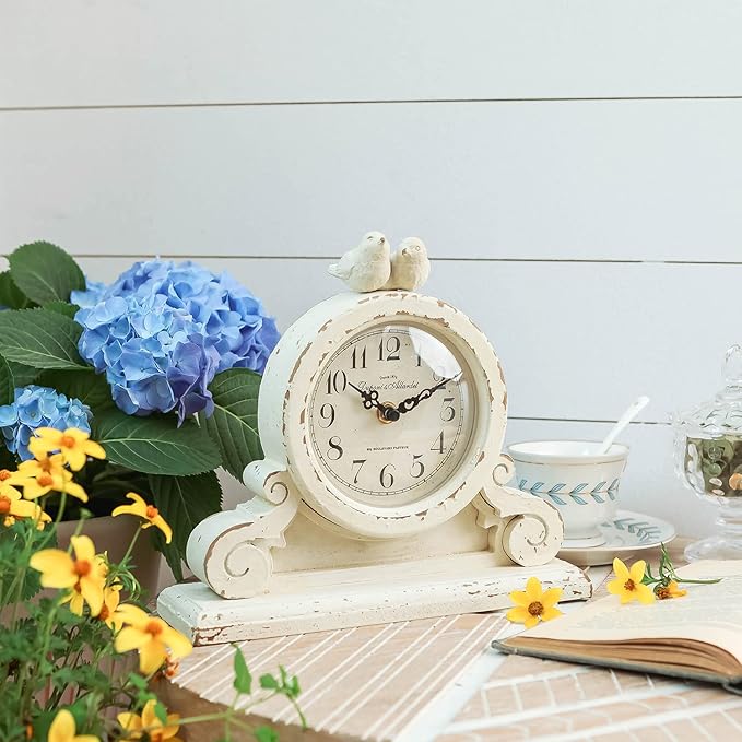 NIKKY HOME Vintage Mantel Table Clock with 2 Birds, Silent Non-Ticking Battery Operated Desk Shelf Rustic Wooden Clock for Living Room Decor - Distressed White