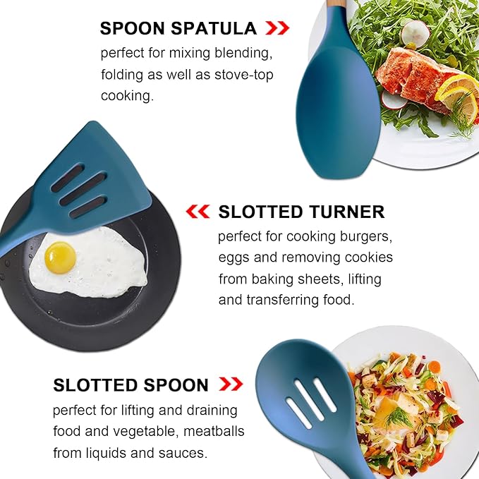 IOCBYHZ Silicone Kitchen Cooking Utensils Set 5Pcs Non-Stick Silicone Kitchen Utensils Set Spatula Spoon Turner Ladle with Wooden Handle, Heat Resistant Cooking Gadgets for Nonstick Cookware BPA-FREE