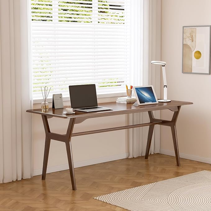 Solid Wood Study Desk - 63" Double Long Computer Table for Home Office, 2-Person PC Workstation, Walnut