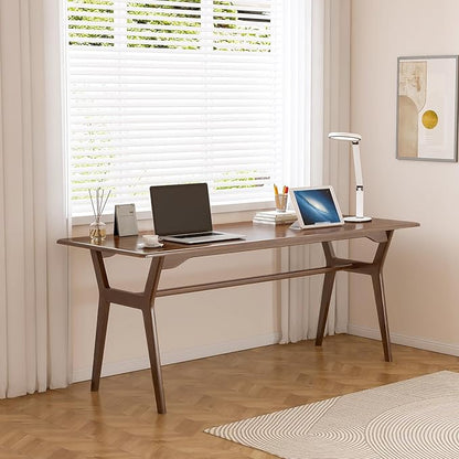 Solid Wood Study Desk - 63" Double Long Computer Table for Home Office, 2-Person PC Workstation, Walnut