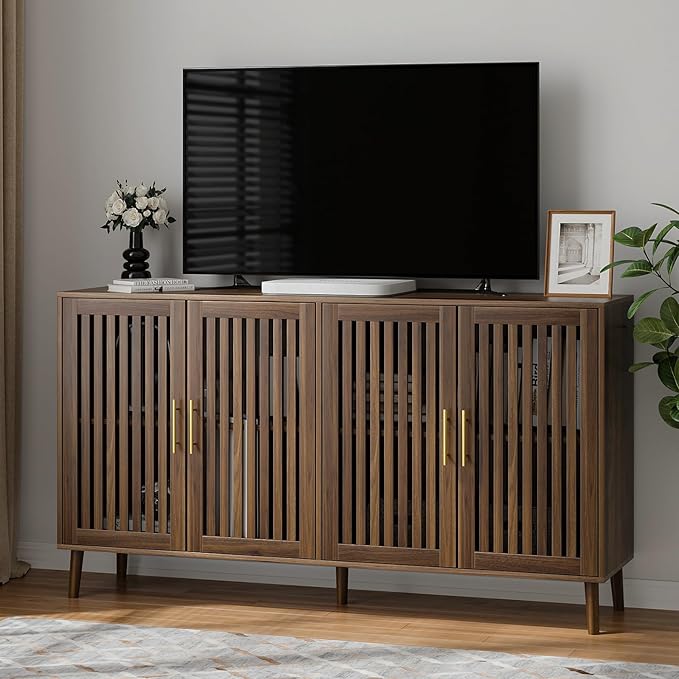 Buffet Cabinet with Storage, 63" Walnut Sideboard with Grille Doors&Adjustable Shelf, Wood Coffee Bar Storage Cabinet for Kitchen Living Room Entryway