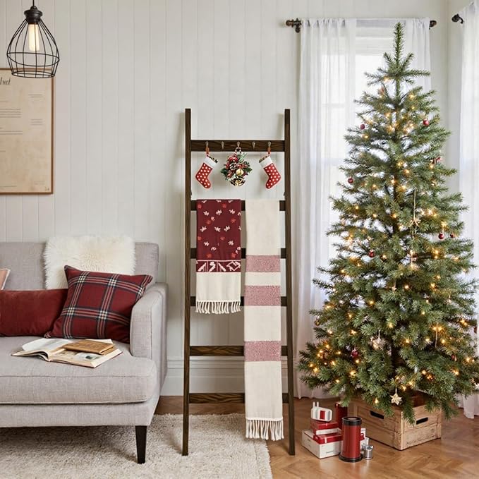 TEAKMAMA 6-Tier Blanket Ladder for Living Room and Bedroom,5.4 Ft Wall Leaning Quilt Rack with Hooks,Rustic Decorative Farmhouse Blanket Storage,Ladder Holder,Christmas Decorations,Rustic Brown