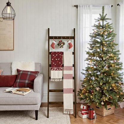 TEAKMAMA 6-Tier Blanket Ladder for Living Room and Bedroom,5.4 Ft Wall Leaning Quilt Rack with Hooks,Rustic Decorative Farmhouse Blanket Storage,Ladder Holder,Christmas Decorations,Rustic Brown