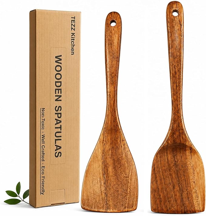 Wooden Spatulas, 2 PCs Natural Acacia Wooden Cooking Utensils Set for Non-stick Pan Kitchen Tool, flipping and Wok Spatula, Wooden Spoons & Spurtle for Cooking